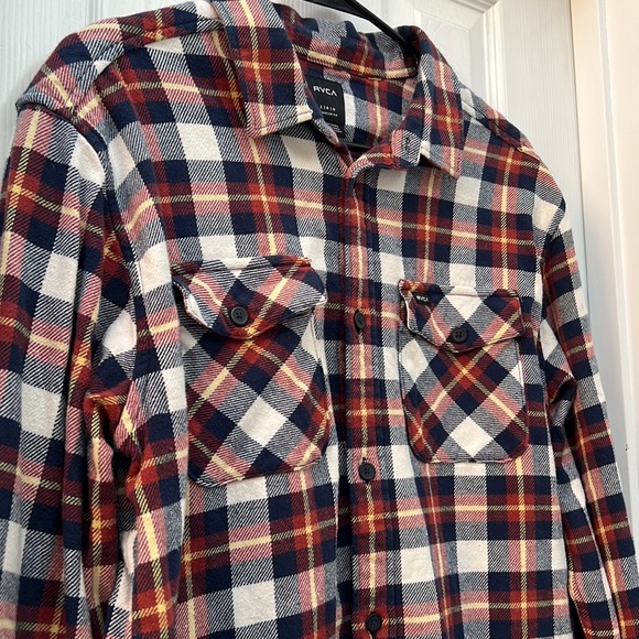 EUC RVCA Men's That’ll Work Flannel Button Down Shirt Navy/Red/Yellow Large - Picture 2 of 9